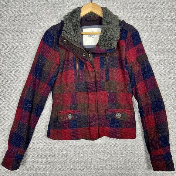Vtg Abercrombie & Fitch Sz S Plaid Tweed Jacket Faux Fur Buffalo Wool Penny Lane - Picture 1 of 14